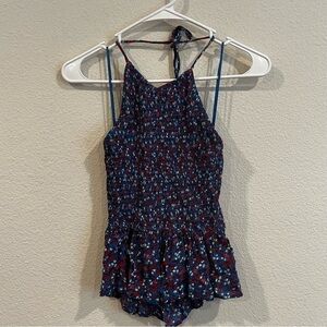 Patrons of Peace Blue ditsy floral smocked halter peplum ruffle shirt small